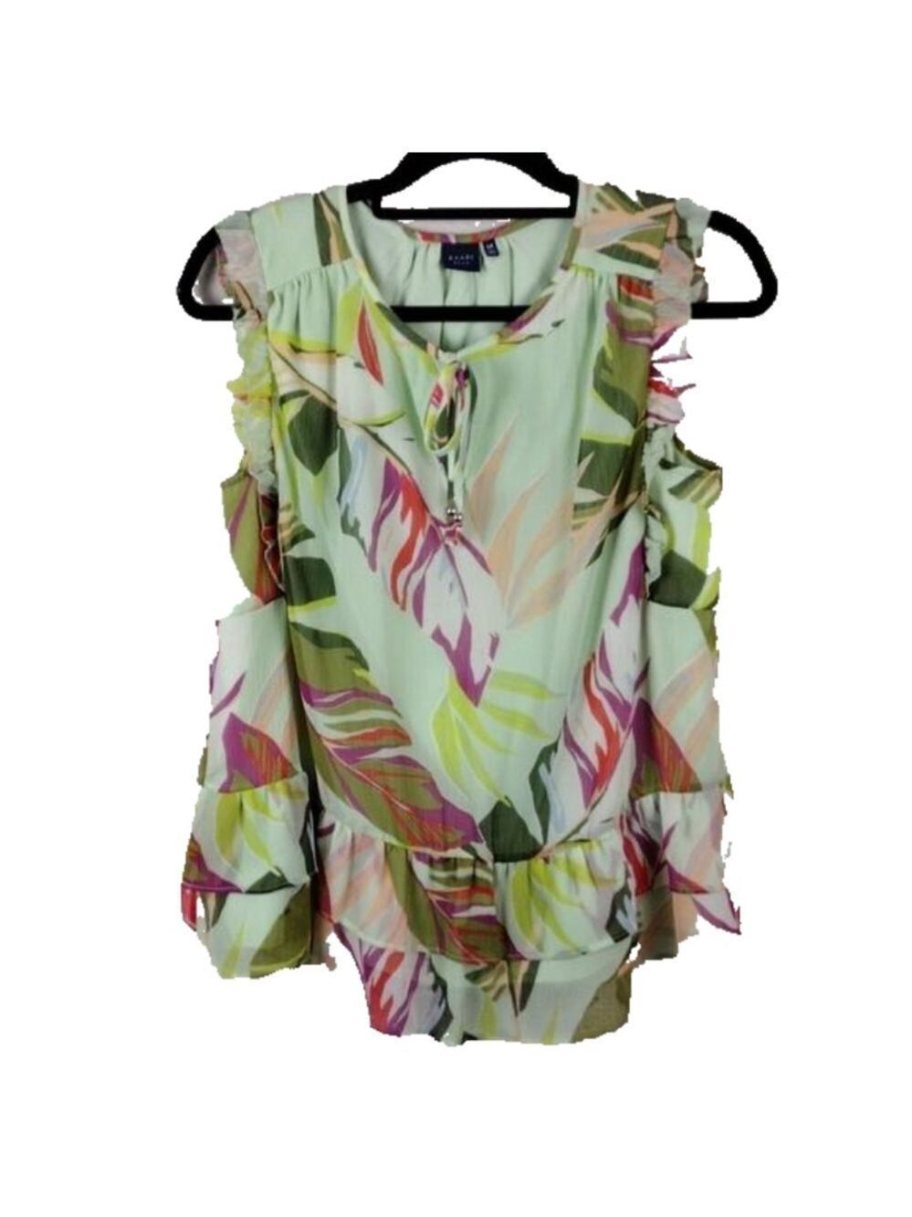 KAARI Blue Green Multicolored Floral Keyhole Front Sleeveless Ruffle Layered Top